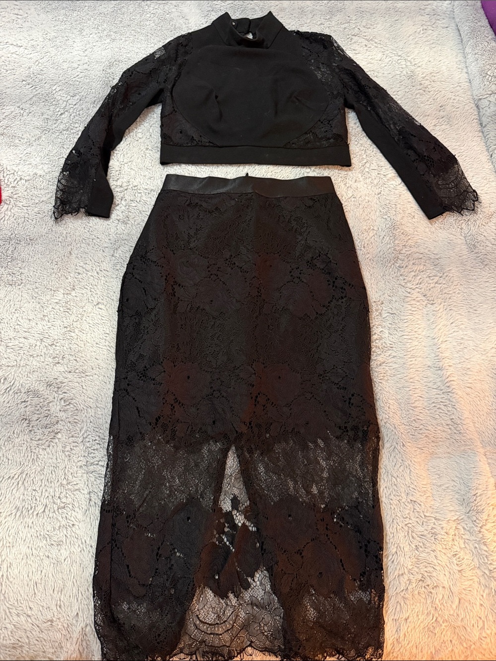bebe Black Lace Midi Skirt - Sheer Floral Overlay